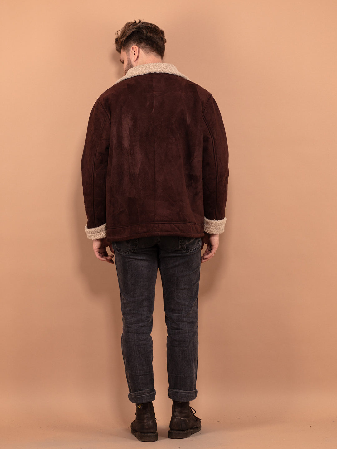 Vintage 90's Men Faux Sheepskin Bomber Jacket in Brown - NorthernGrip