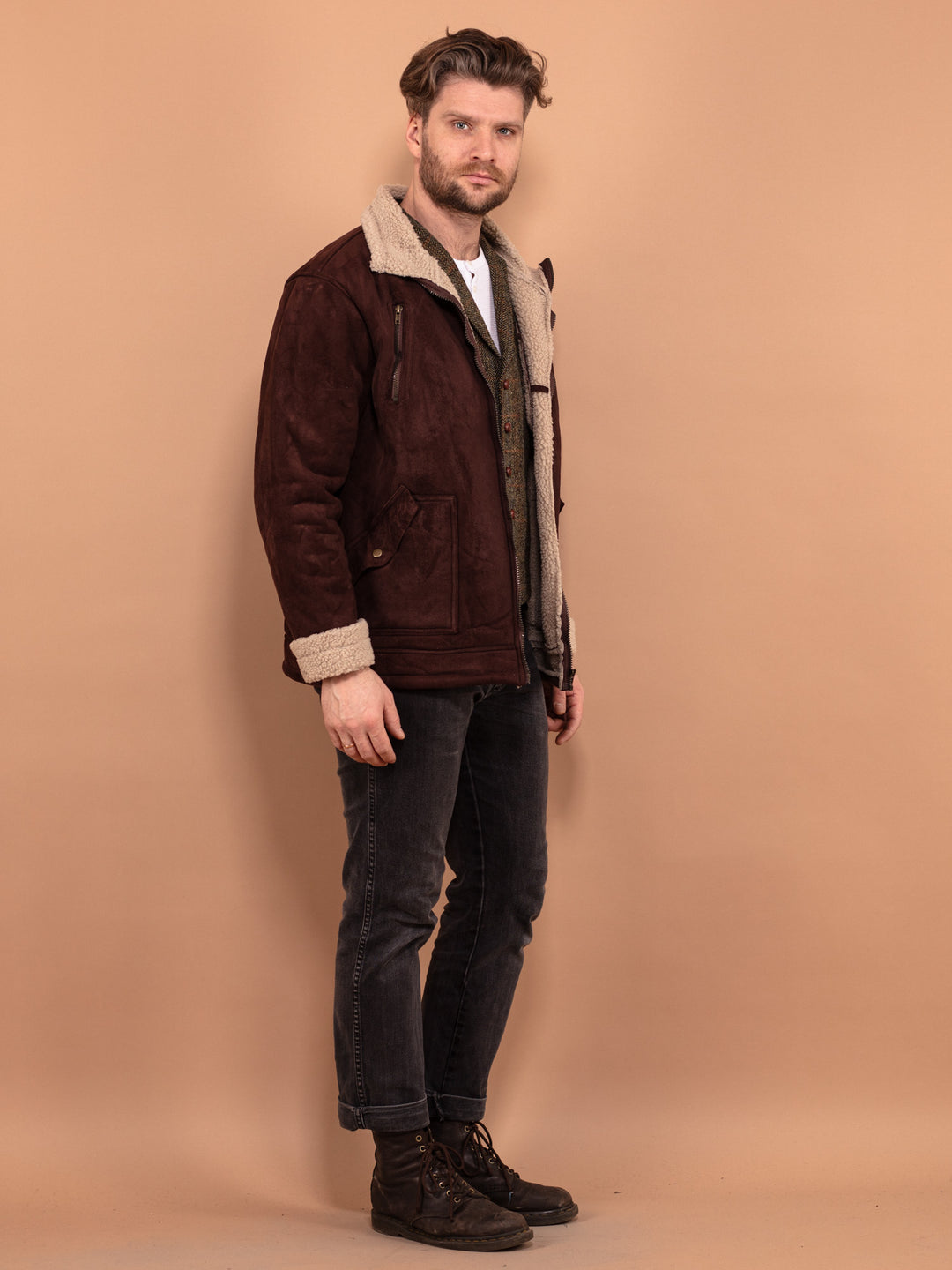 Vintage 90's Men Faux Sheepskin Bomber Jacket in Brown - NorthernGrip