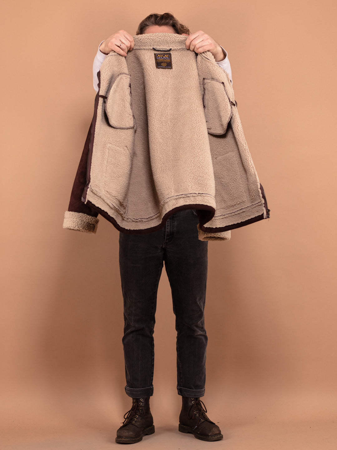Vintage 90's Men Faux Sheepskin Bomber Jacket in Brown - NorthernGrip