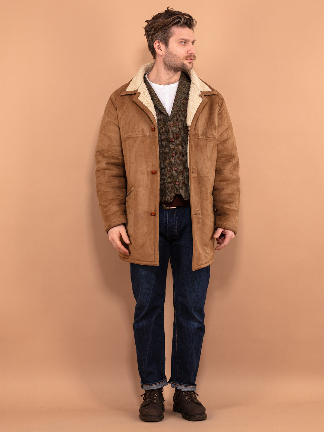 Vintage 90's Men Faux Sheepskin Coat in Beige - NorthernGrip