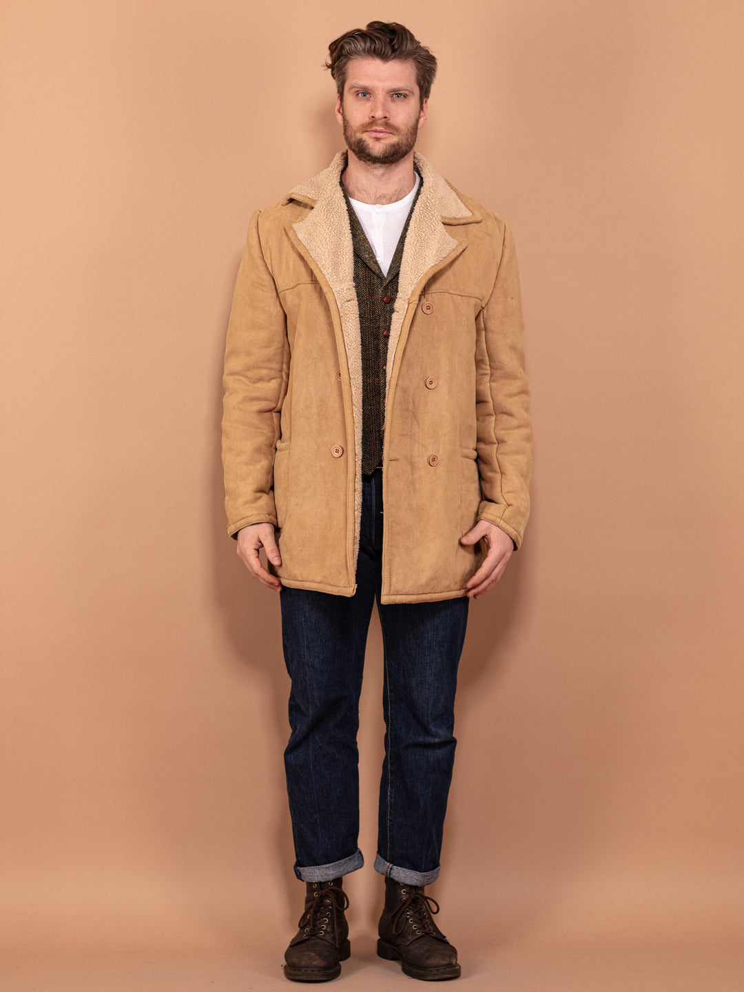 Vintage 90's Men Faux Sheepskin Coat in Beige - NorthernGrip