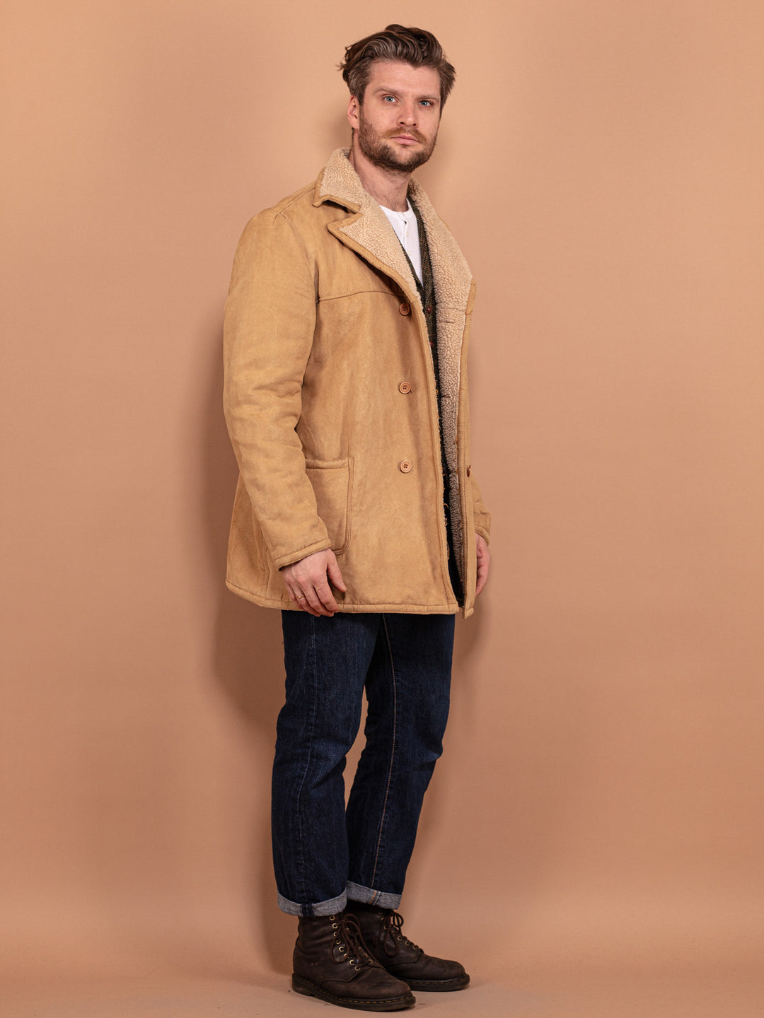 Vintage 90's Men Faux Sheepskin Coat in Beige - NorthernGrip