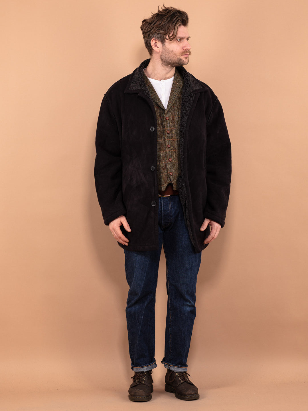Vintage 90's Men Faux Sheepskin Coat in Black - NorthernGrip