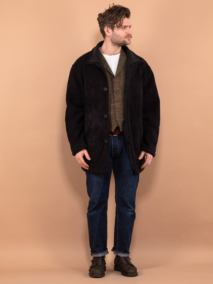 Vintage 90's Men Faux Sheepskin Coat in Black - NorthernGrip