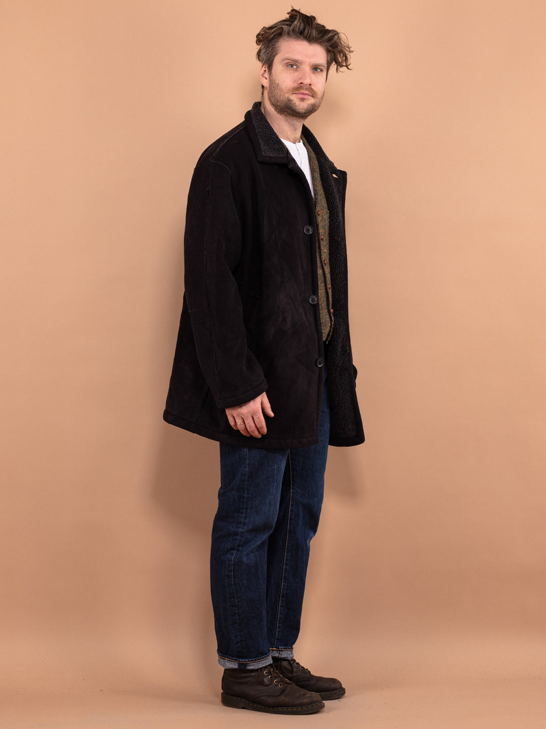 Vintage 90's Men Faux Sheepskin Coat in Black - NorthernGrip