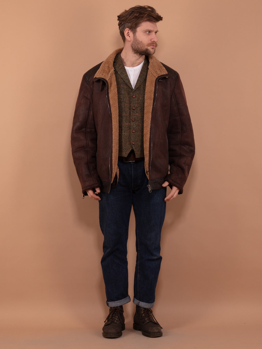 Vintage 90's Men Faux Sheepskin Jacket in Brown - NorthernGrip