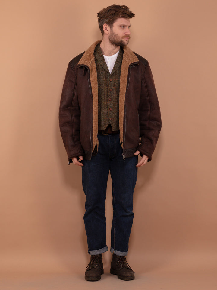 Vintage 90's Men Faux Sheepskin Jacket in Brown - NorthernGrip