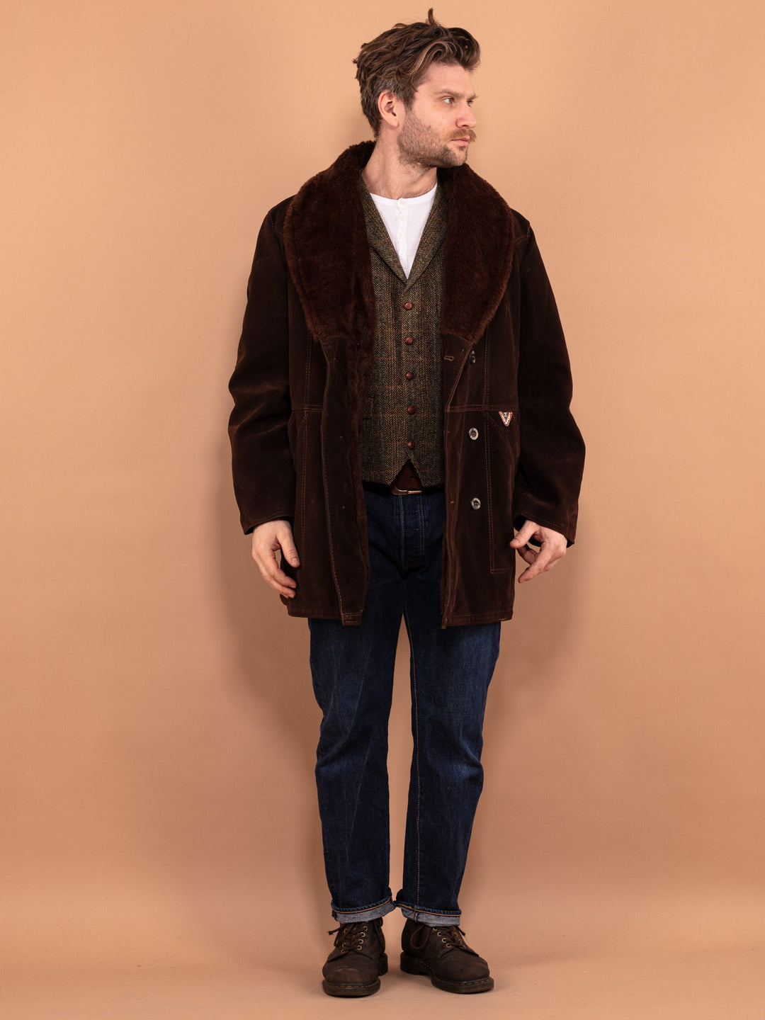 Vintage 90's Men Faux Sheepskin Coat in Brown - NorthernGrip