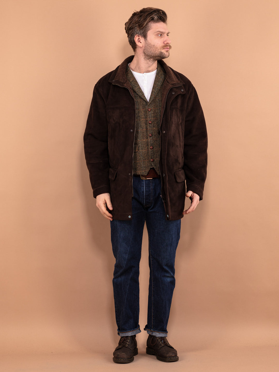 Vintage 00's Men Faux Sheepskin Coat in Brown - NorthernGrip