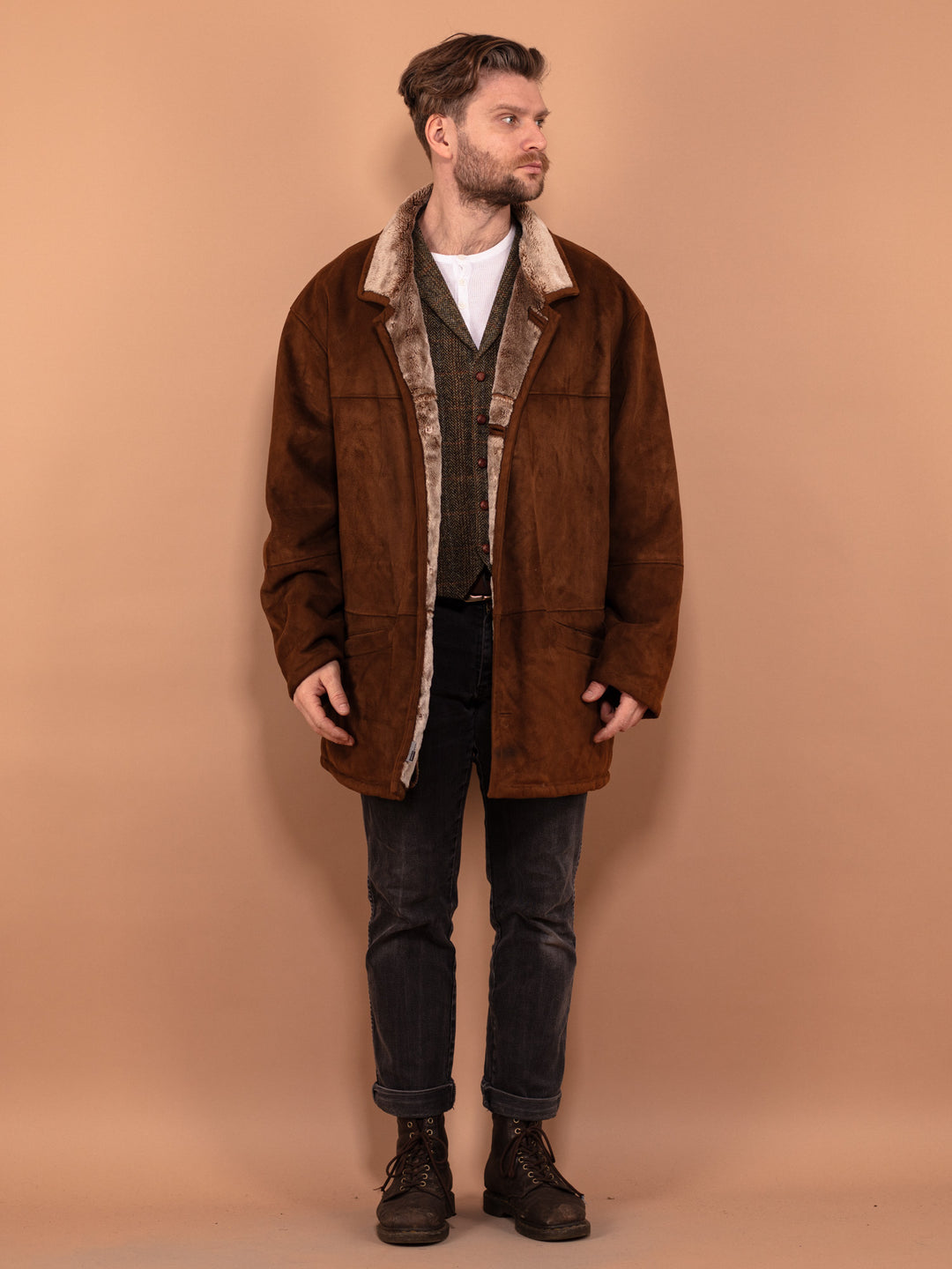 Vintage 90's Men Faux Sheepskin Coat in Brown - NorthernGrip