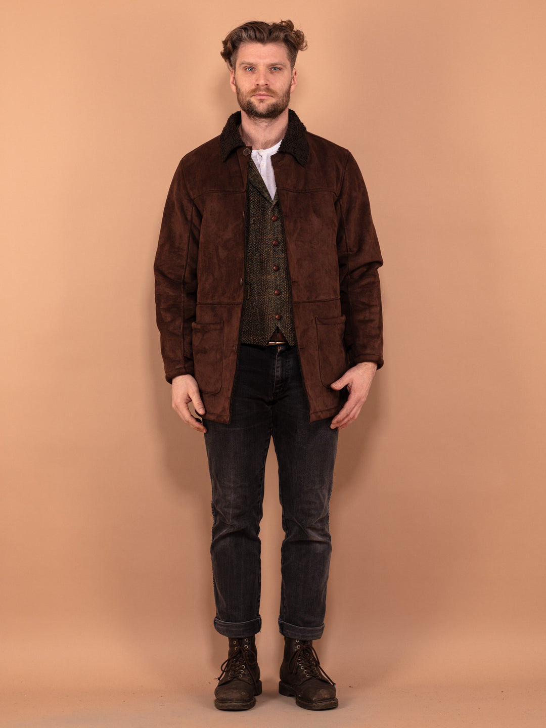 Vintage 90's Men Faux Sheepskin Coat in Brown - NorthernGrip