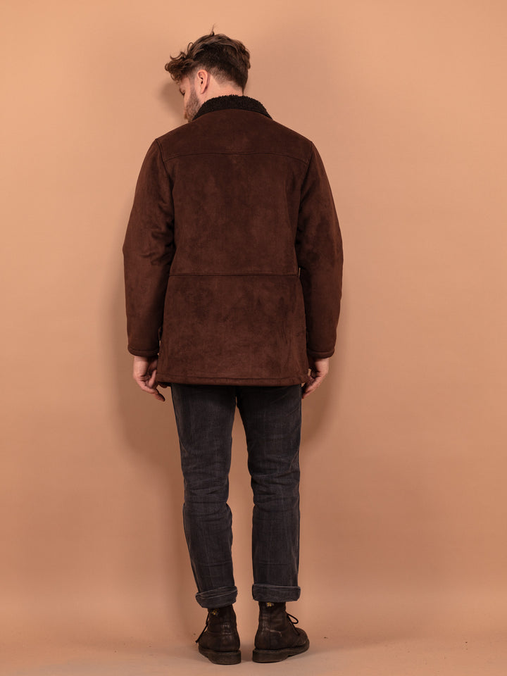 Vintage 90's Men Faux Sheepskin Coat in Brown - NorthernGrip