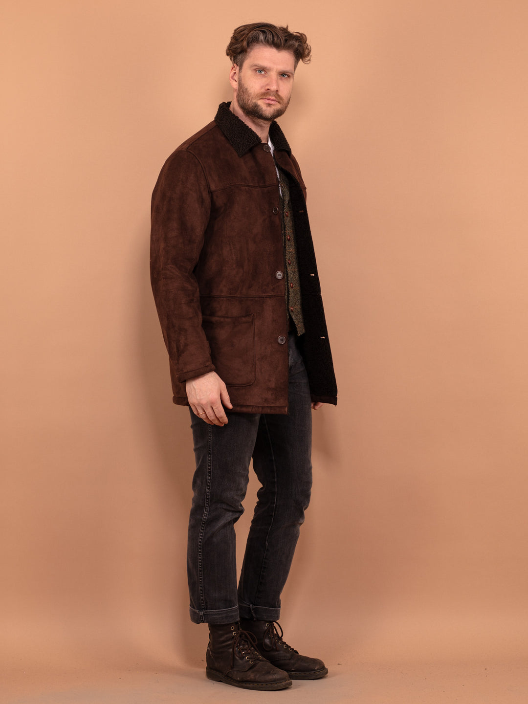 Vintage 90's Men Faux Sheepskin Coat in Brown - NorthernGrip