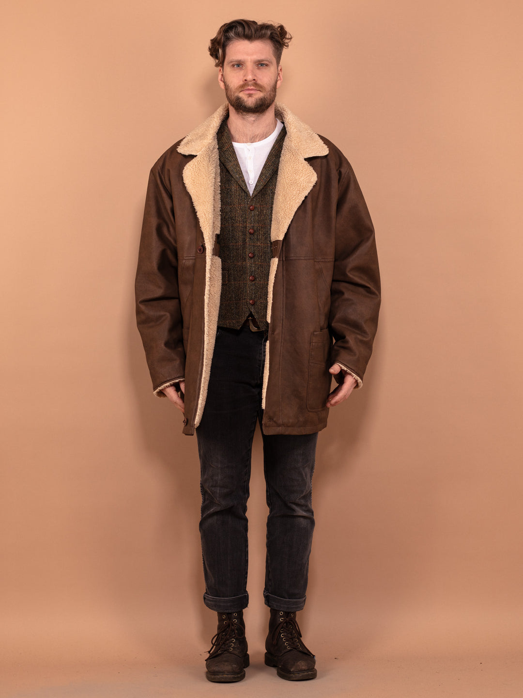 Vintage 90's Men Faux Sheepskin Coat in Brown - NorthernGrip