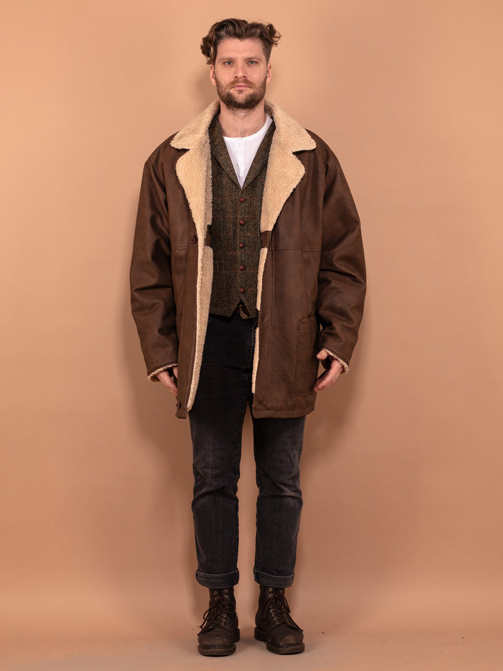 Vintage 90's Men Faux Sheepskin Coat in Brown - NorthernGrip