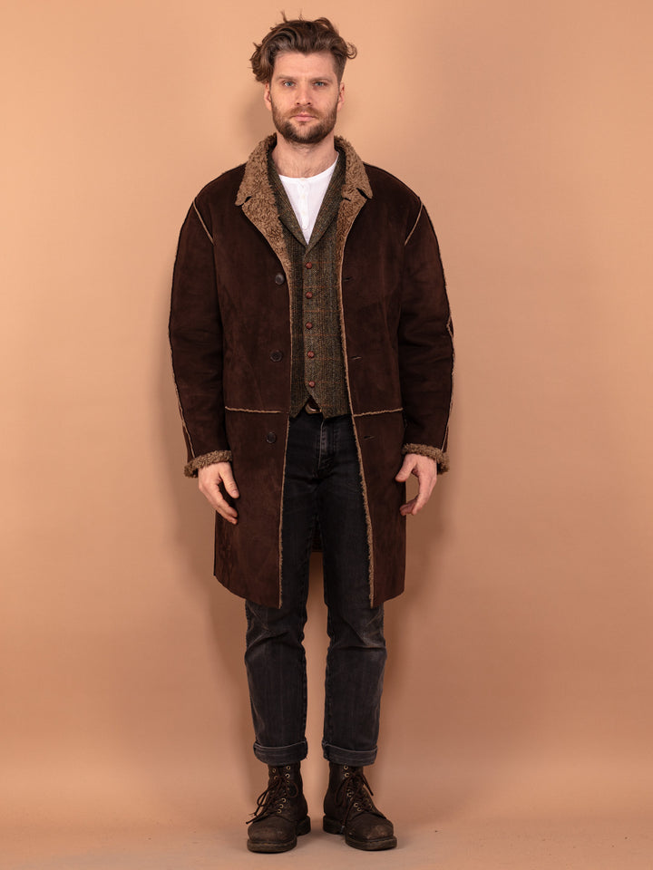 Vintage 90's Men Faux Sheepskin Coat in Brown - NorthernGrip