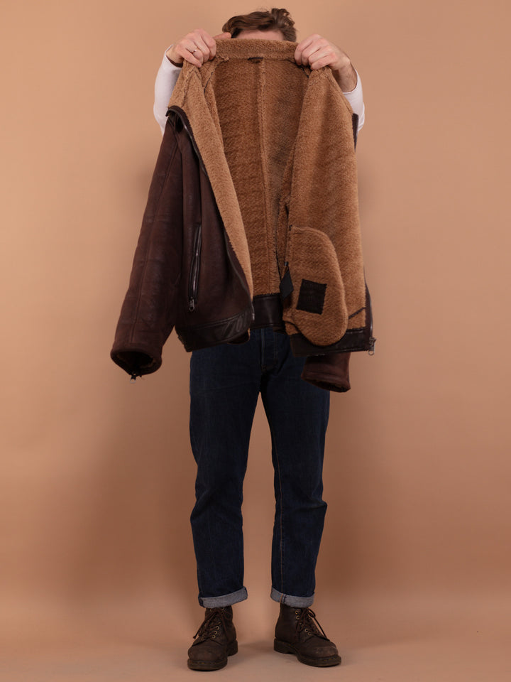 Vintage 90's Men Faux Sheepskin Jacket in Brown - NorthernGrip