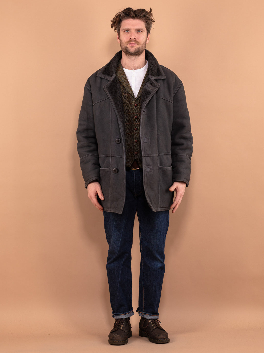Vintage 90's Men Faux Sheepskin Coat in Gray - NorthernGrip