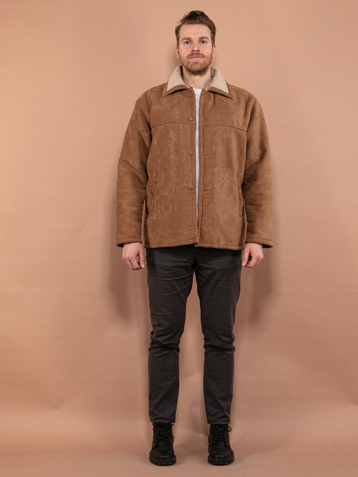 Vintage 90's Men Faux Sheepskin Jacket in Beige - NorthernGrip
