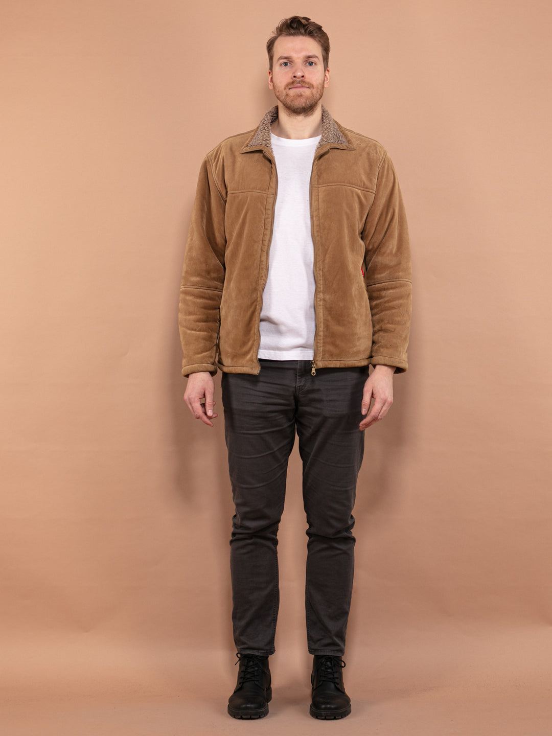 Vintage 90's Men Faux Sheepskin Jacket in Beige - NorthernGrip