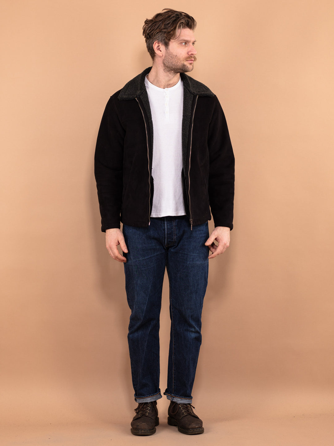Vintage 90's Men Faux Sheepskin Jacket in Black - NorthernGrip