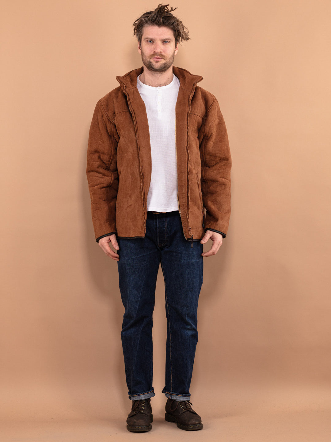 Vintage 90's Men Faux Sheepskin Jacket in Brown - NorthernGrip