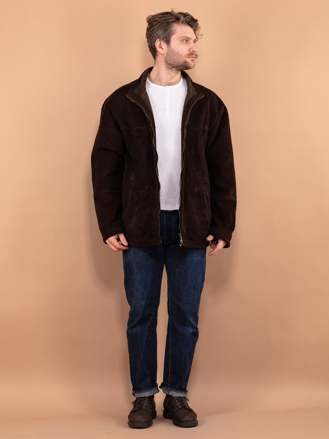 Vintage 90's Men Faux Sheepskin Jacket in Brown - NorthernGrip