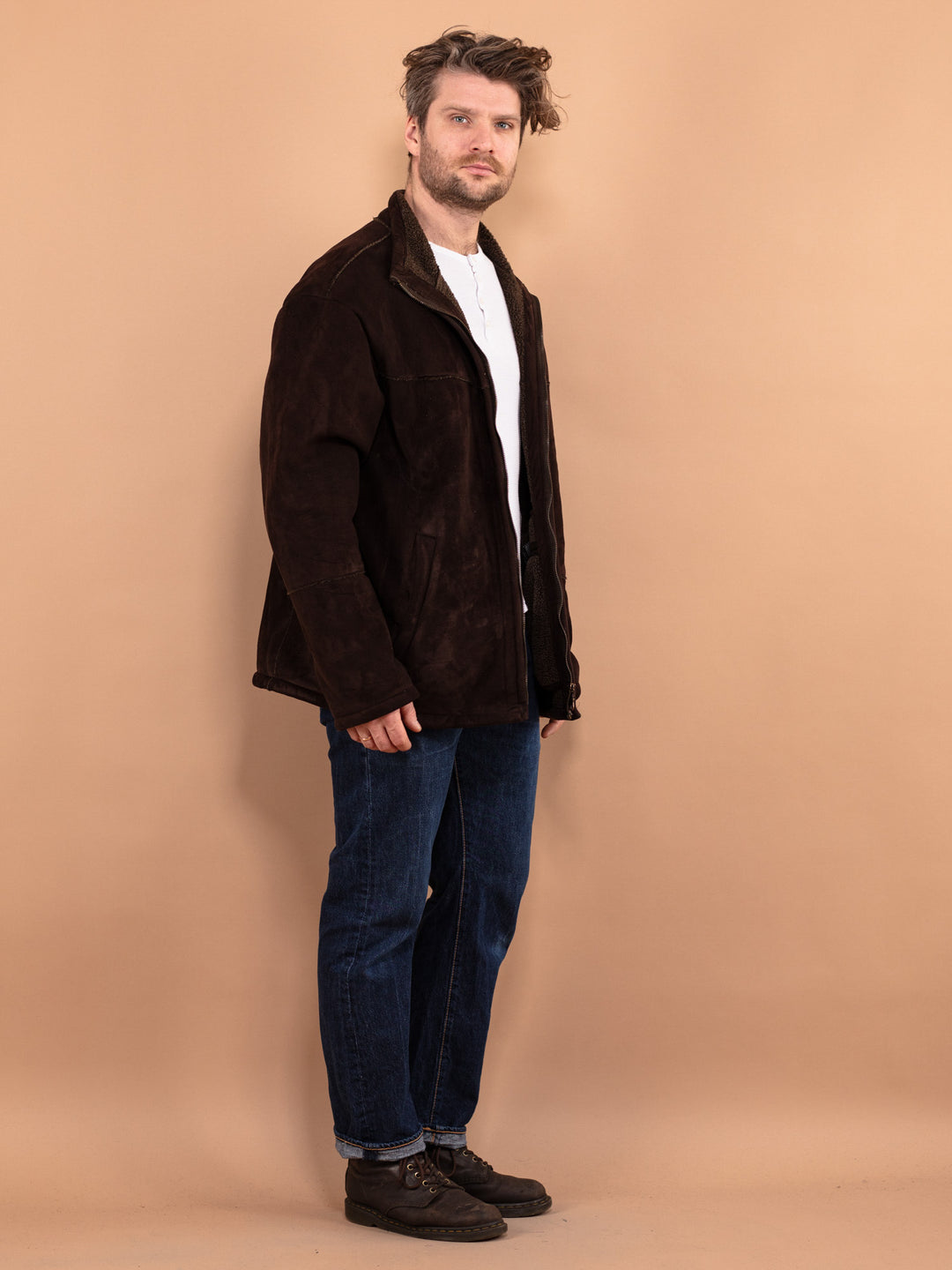 Vintage 90's Men Faux Sheepskin Jacket in Brown - NorthernGrip