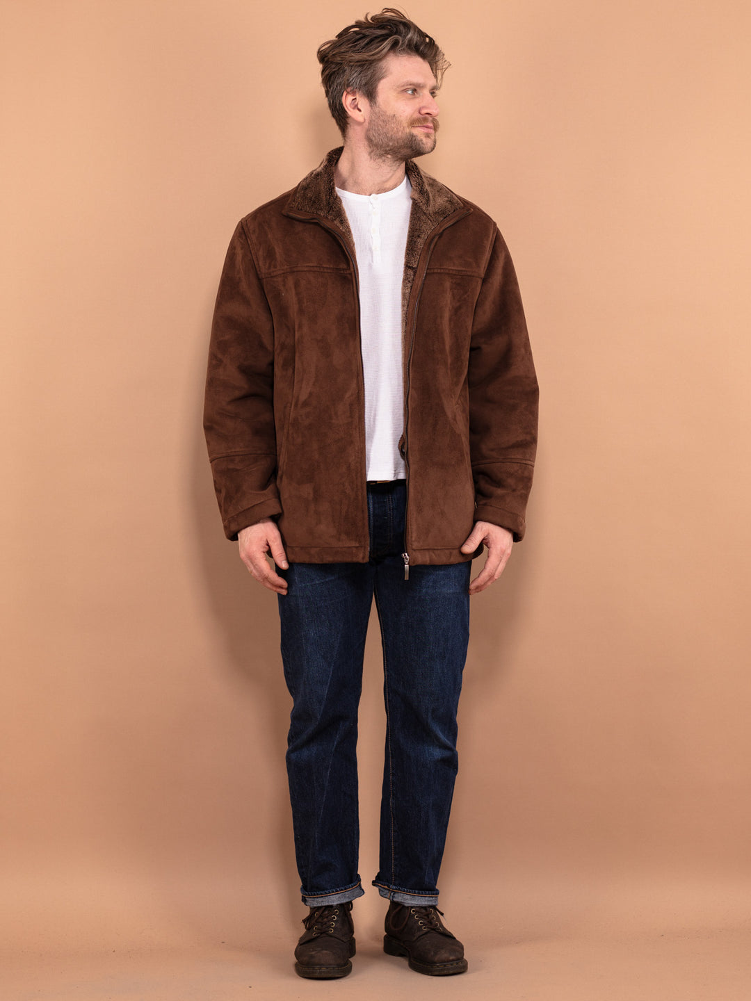Vintage 90's Men Faux Sheepskin Jacket in Brown - NorthernGrip