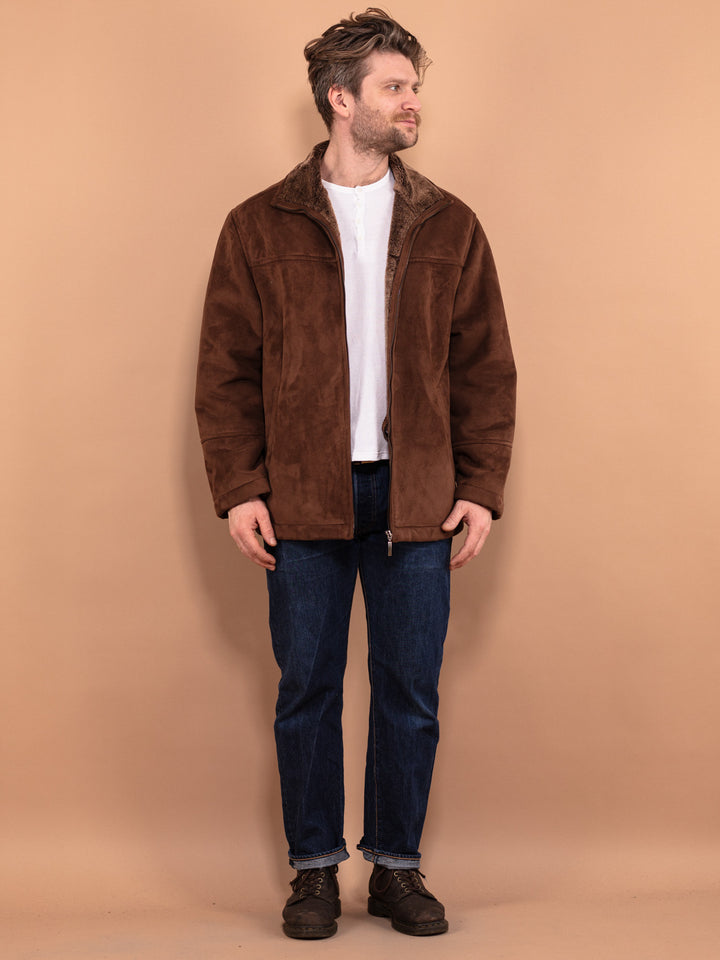Vintage 90's Men Faux Sheepskin Jacket in Brown - NorthernGrip