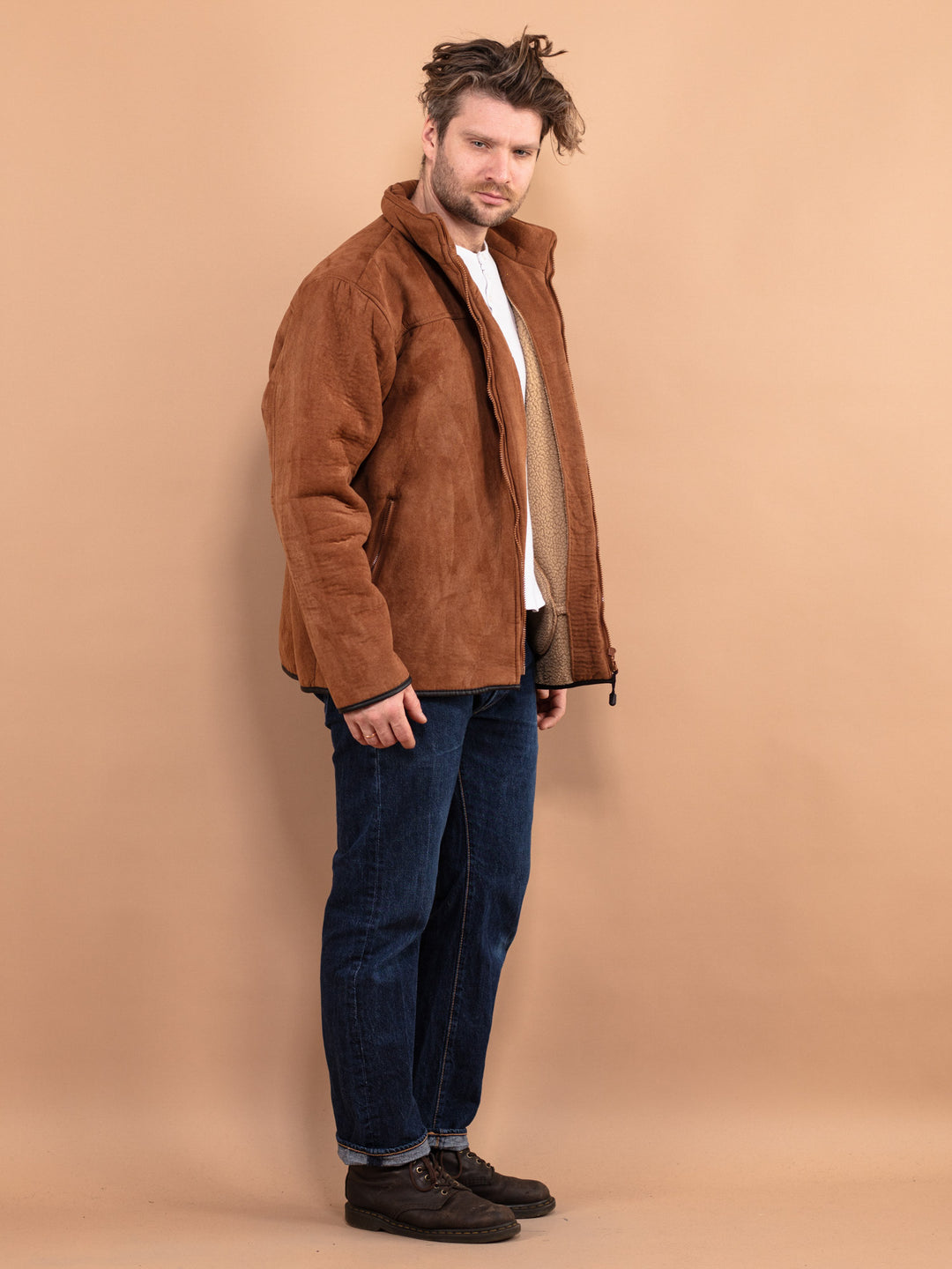 Vintage 90's Men Faux Sheepskin Jacket in Brown - NorthernGrip