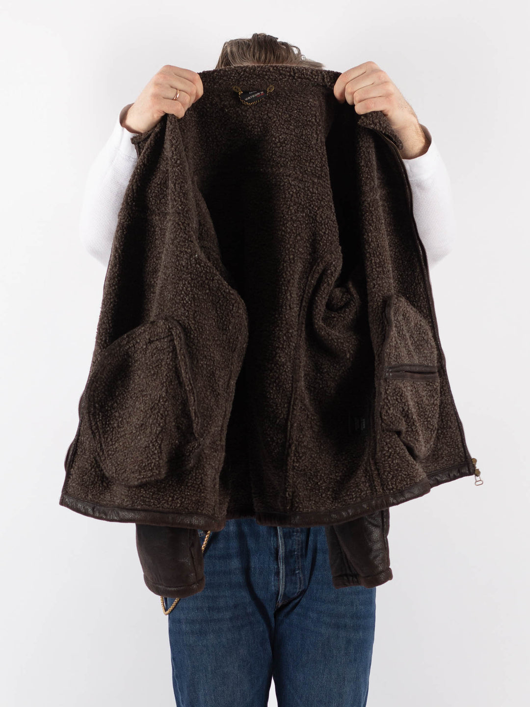 Vintage 90's Men Faux Sheepskin Jacket in BrownZ1185