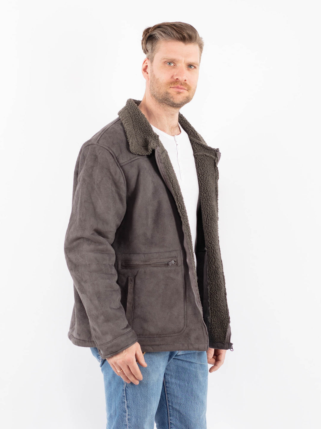Vintage 00's Men Faux Sheepskin Jacket in GrayZ1443