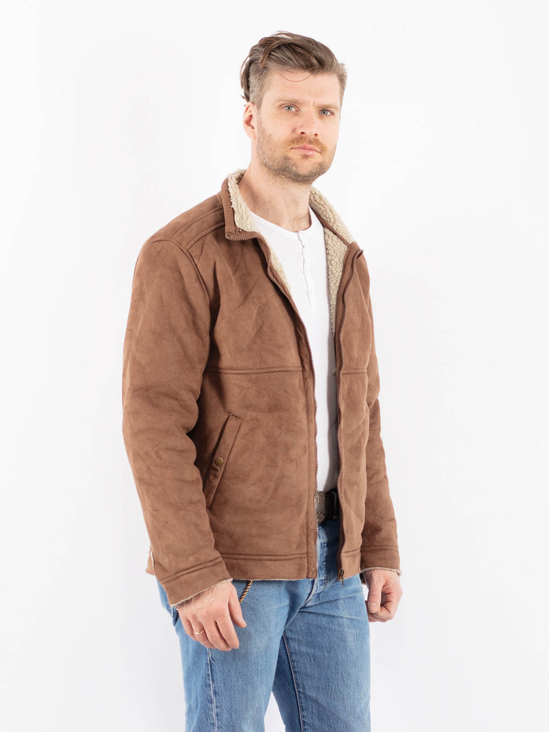 Vintage 00's Men Faux Sheepskin Jacket in BrownZ1445