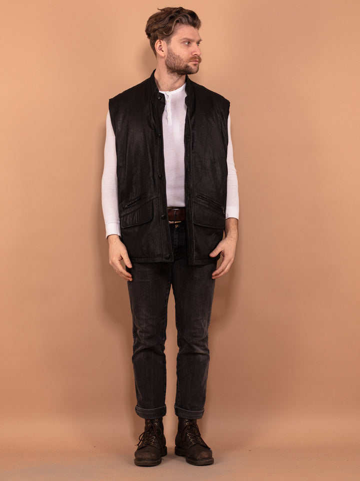 Vintage 90's Men Leather Button Up Vest in Black - NorthernGrip