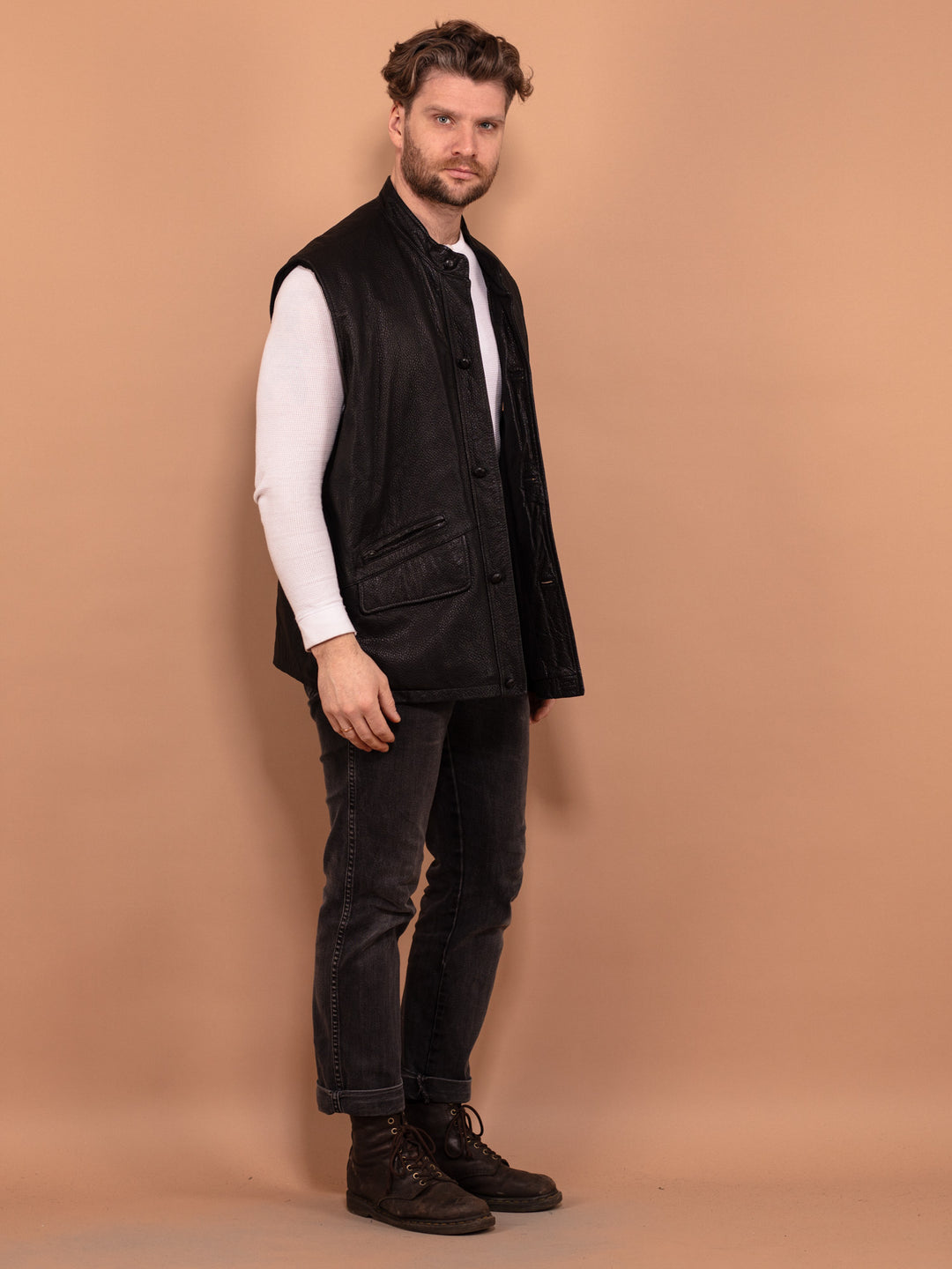 Vintage 90's Men Leather Button Up Vest in Black - NorthernGrip