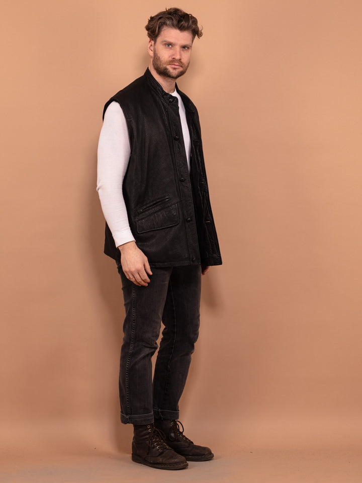 Vintage 90's Men Leather Button Up Vest in Black - NorthernGrip