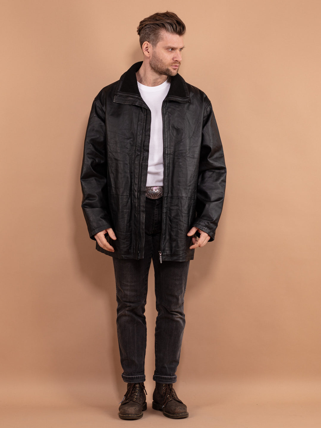 Vintage 90's Men Leather Parka Coat in Black - NorthernGrip