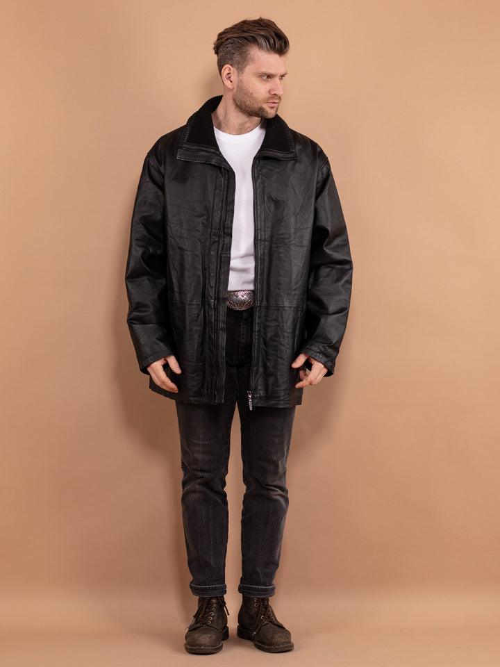 Vintage 90's Men Leather Parka Coat in Black - NorthernGrip