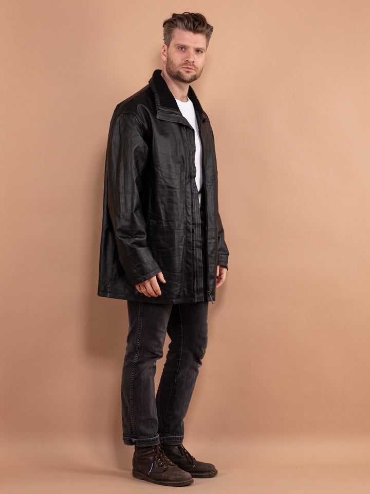 Vintage 90's Men Leather Parka Coat in Black - NorthernGrip