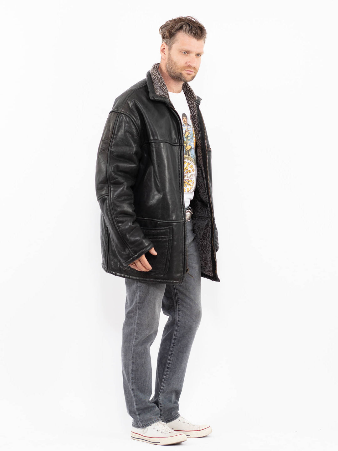 Vintage 90's Men Leather Coat in BlackZ1934