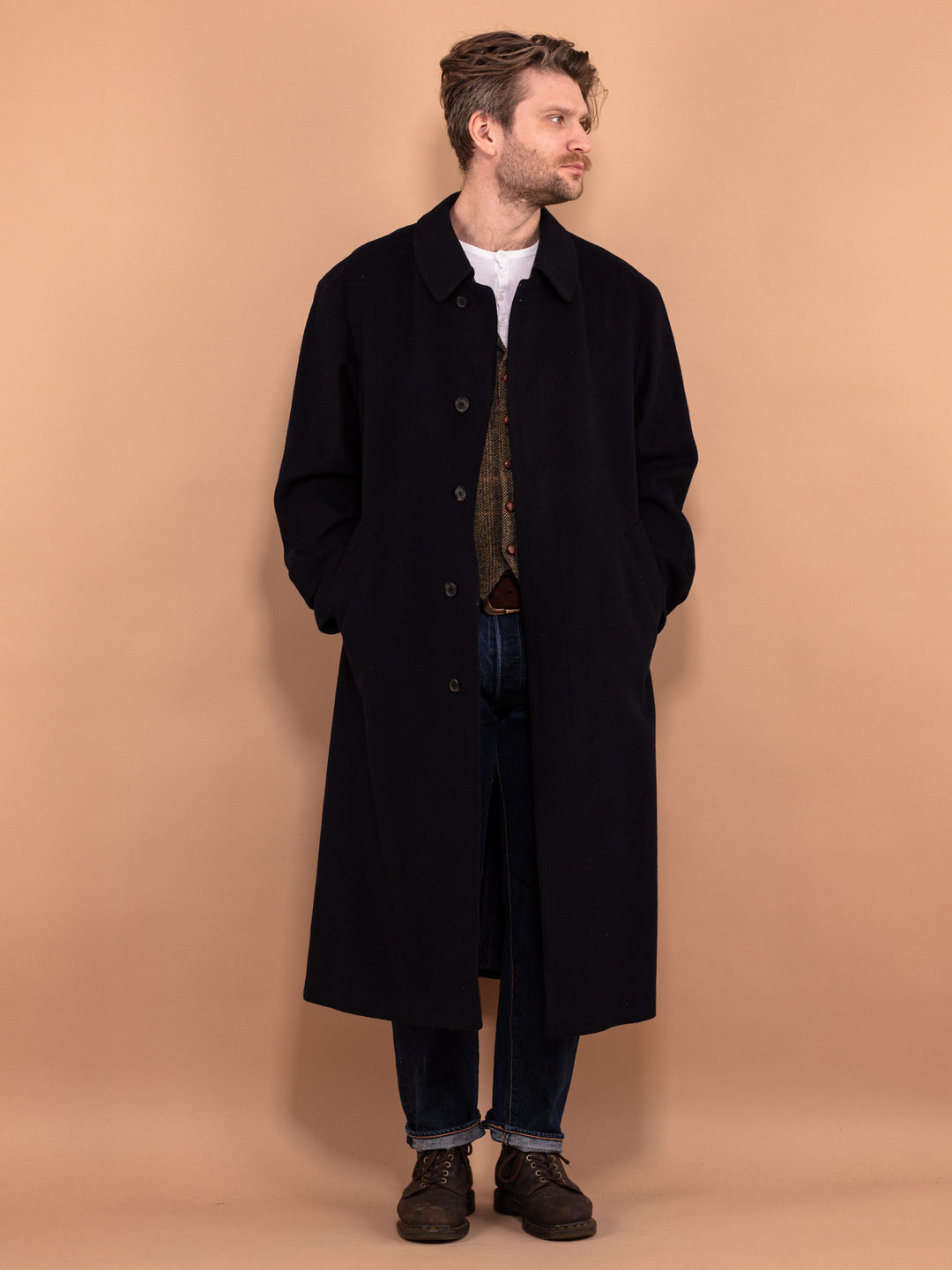 Vintage 90's Men Loden Wool Blend Coat in Blue - NorthernGrip