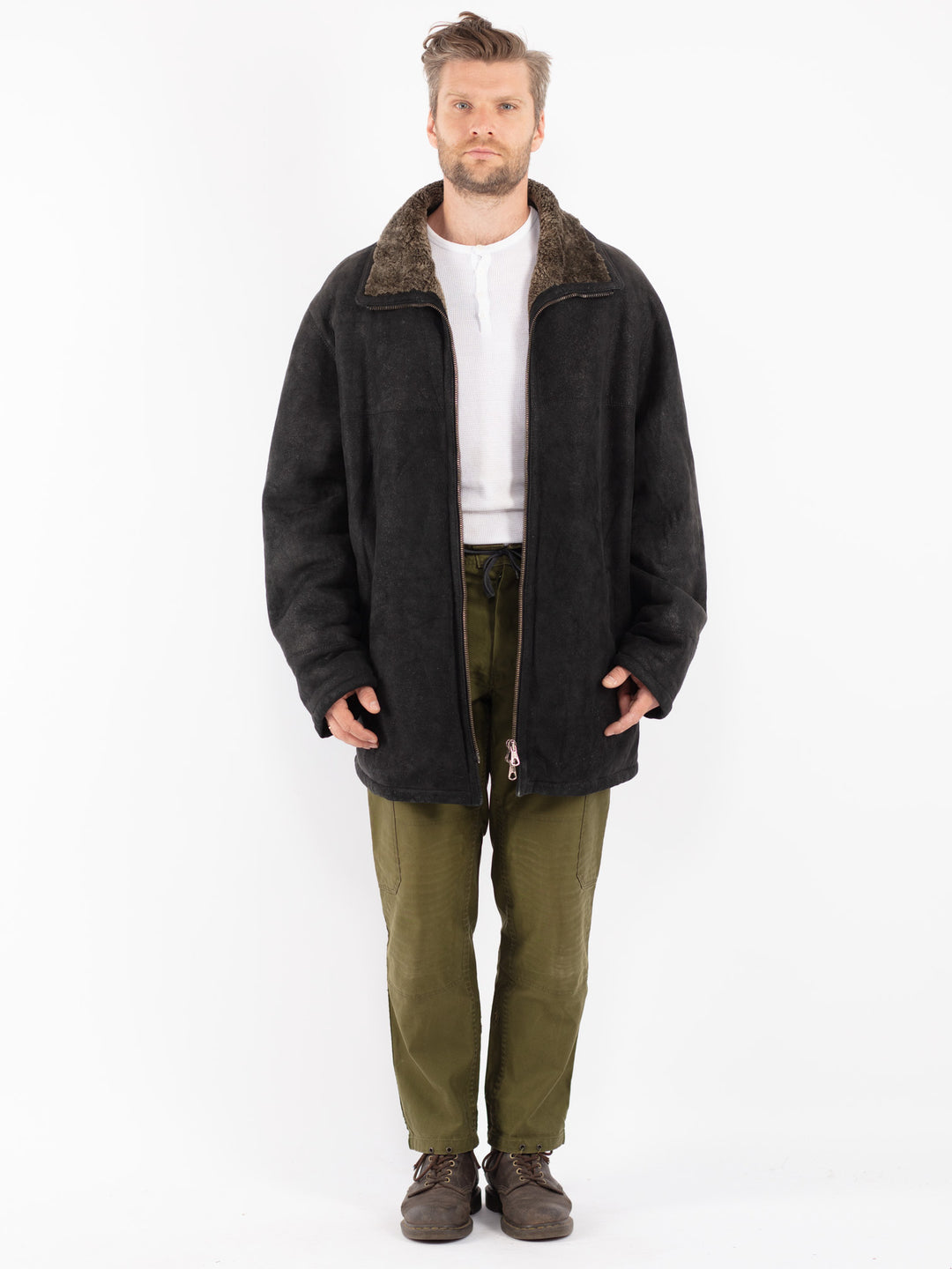 Vintage 90's Men Sheepskin Coat in Black
