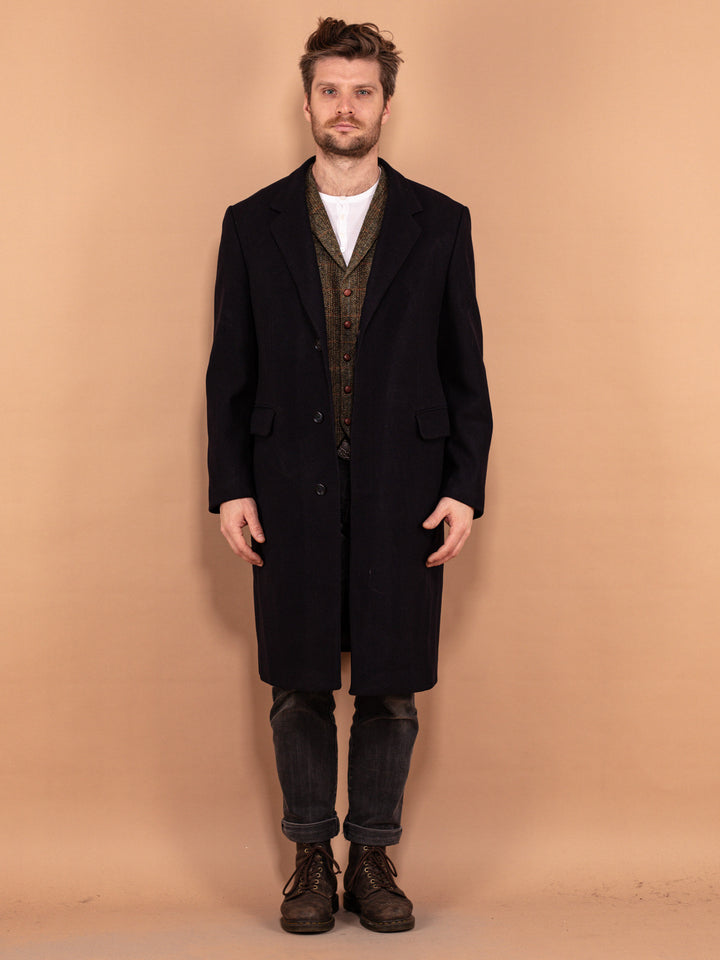 Vintage 90's Men Pure New Wool Coat in Navy Blue - NorthernGrip