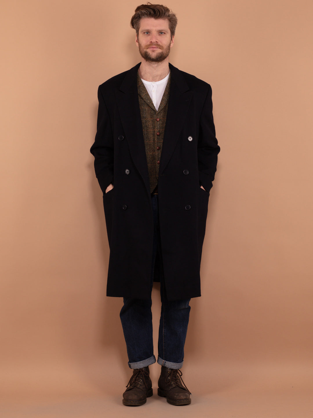 Vintage 90's Men Pure New Wool Coat in Navy Blue - NorthernGrip