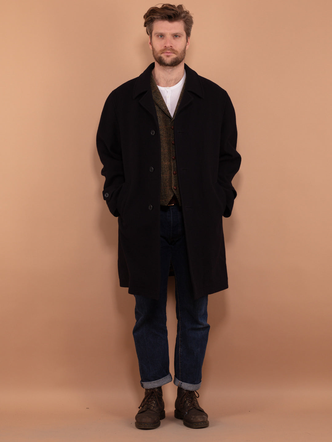 Vintage 90's Men Pure New Wool Coat in Navy Blue - NorthernGrip