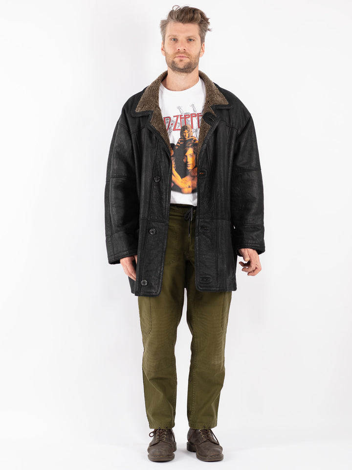 Vintage Men Sheepskin Coat in Black