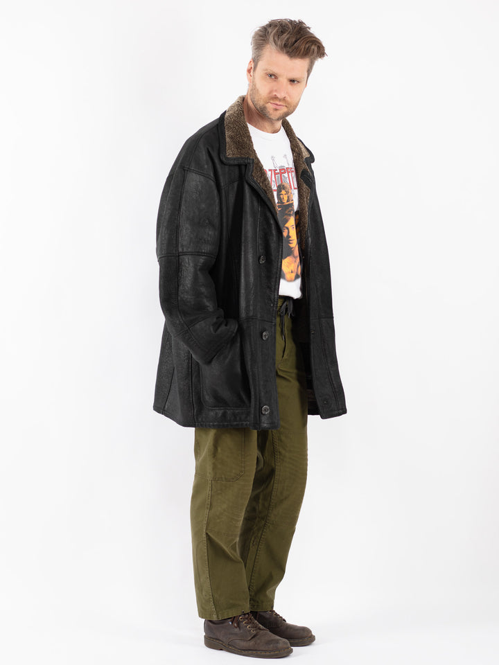 Vintage Men Sheepskin Coat in Black