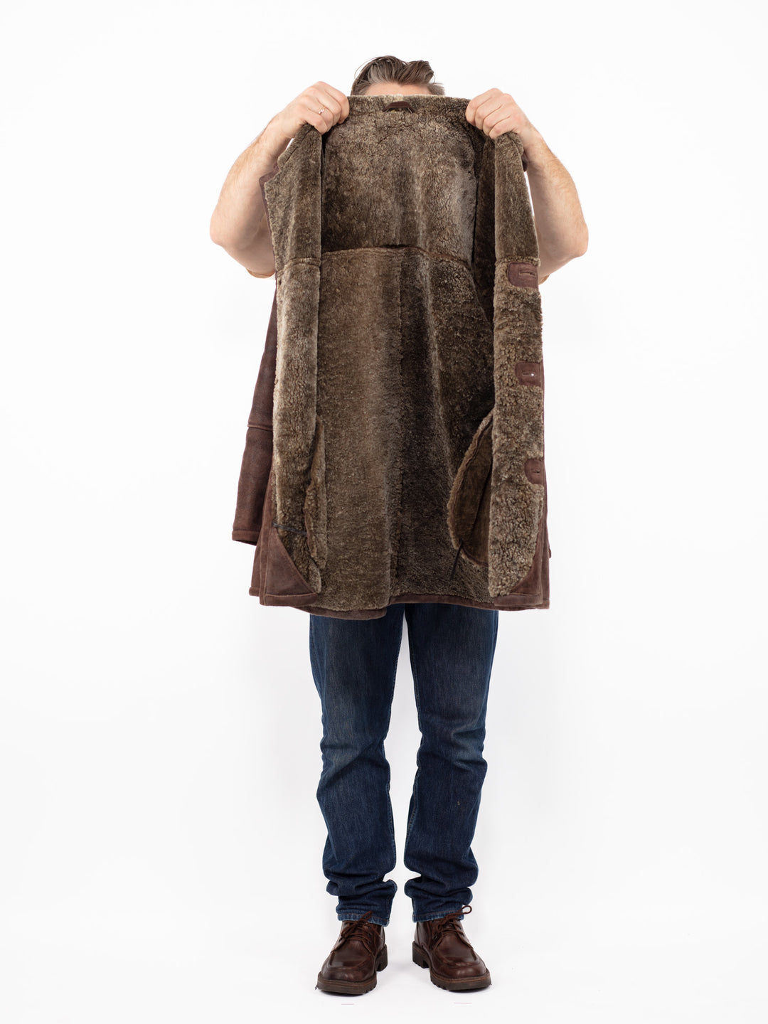 Vintage 90's Men Sheepskin Shearling Coat in Brown