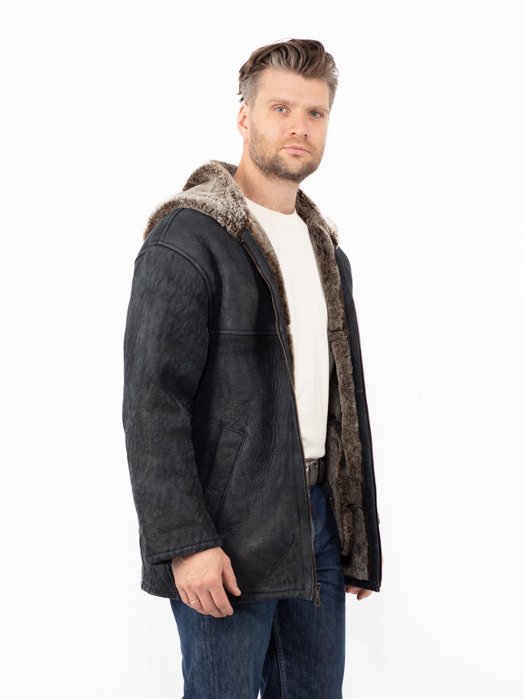 Vintage 90's Men Hooded Sheepskin Shearling Jacket in Black